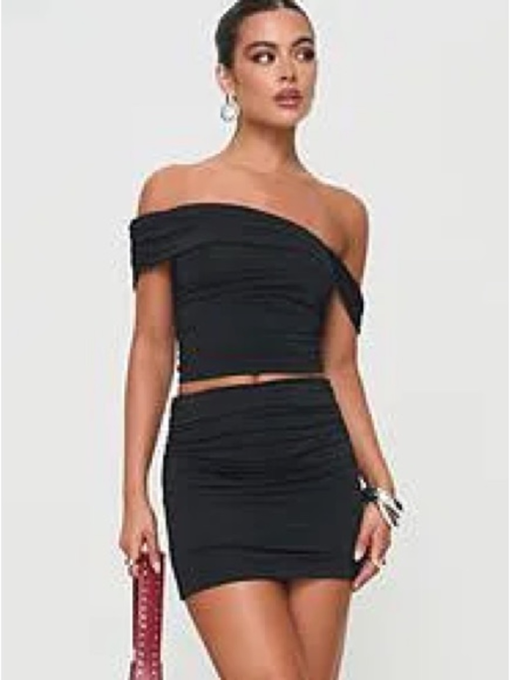 Princess Polly Black Off-Shoulder Crop Top and Mini Skirt Set